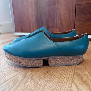 Beklina Tétouan Teal Leather Women’s Size 9 Platform Cork Split Sole Loafer